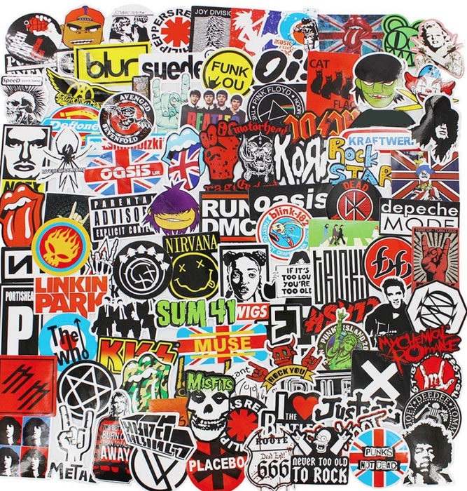 100 Band/Punk Mix Music Stickers (PVC Vinyl Glossy)