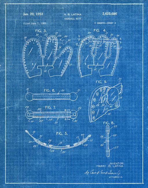 An image of a(n) Baseball Mitt 1953 2 - Patent Art Print - Blueprint.
