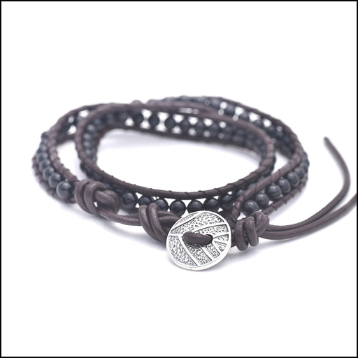 An image of a(n) Black Agate - Semi Precious Stones and Leather Wrap Bracelet.