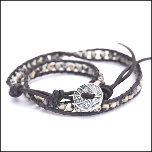 An image of a(n) Dalmation Jasper - Semi Precious Stones and Leather Wrap Bracelet.
