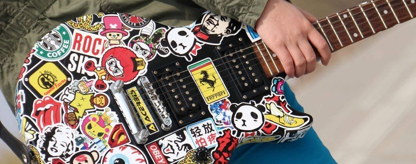 Sticker bomb, collection of stickers covering a guitar