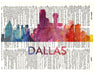 An image of a(n) Dallas Love Your City Watercolor Skyline Dictionary Art Print .