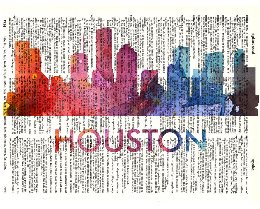 An image of a(n) Houston Love Your City Watercolor Skyline Dictionary Art Print .