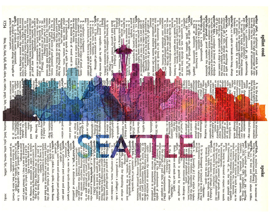 An image of a(n) Seattle Love Your City Watercolor Skyline Dictionary Art Print .