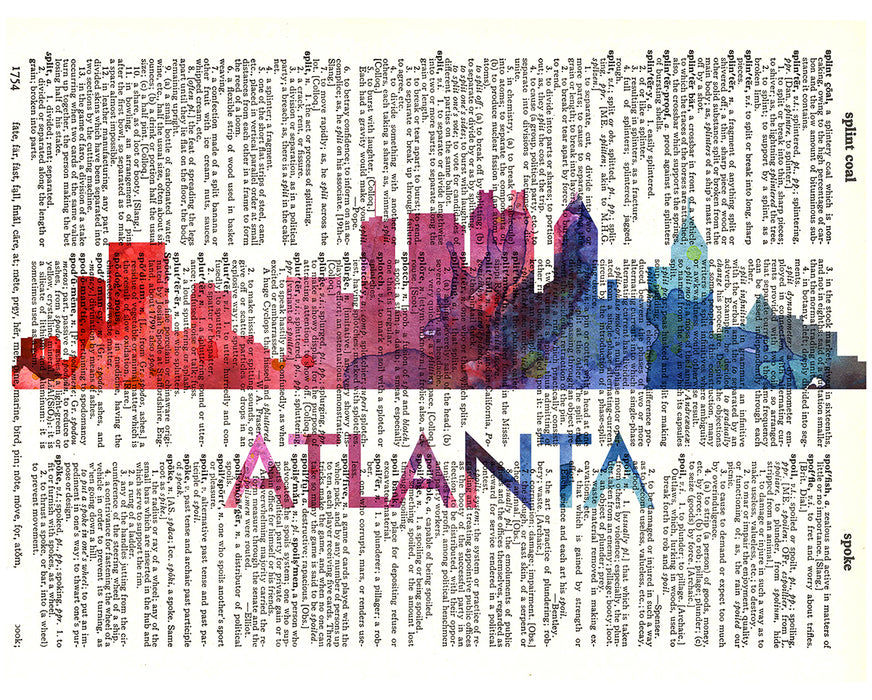 An image of a(n) Atlanta Love Your City Watercolor Skyline Dictionary Art Print .