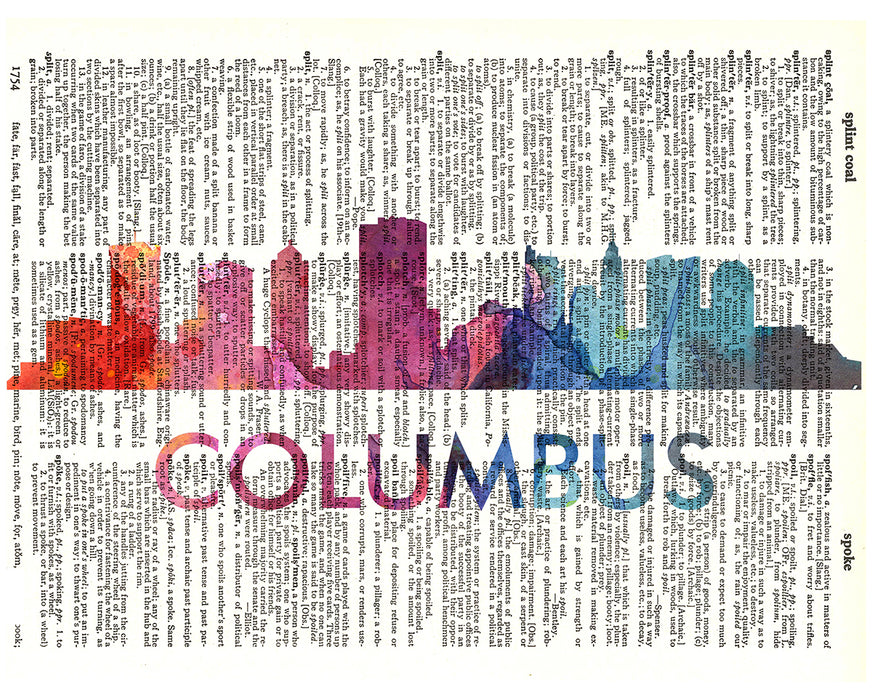 An image of a(n) Columbus Love Your City Watercolor Skyline Dictionary Art Print .