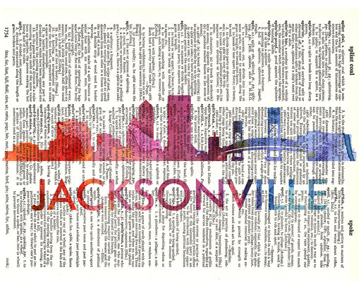 An image of a(n) Jacksonville Love Your City Watercolor Skyline Dictionary Art Print .