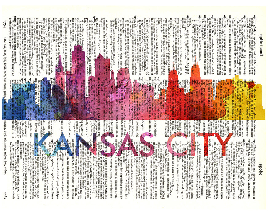 An image of a(n) Kansas Love Your City Watercolor Skyline Dictionary Art Print .
