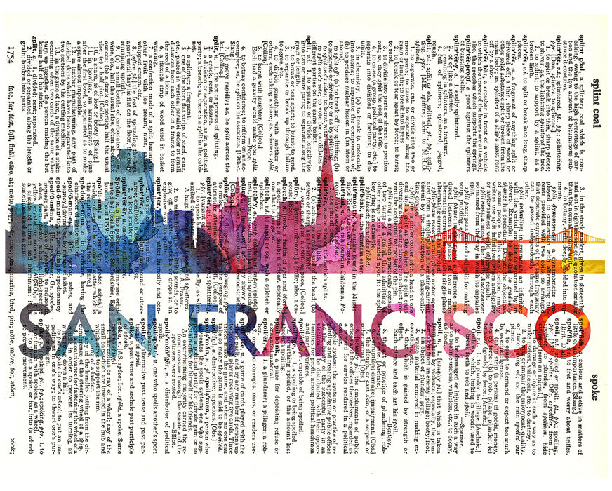 An image of a(n) San Francisco Love Your City Watercolor Skyline Dictionary Art Print .