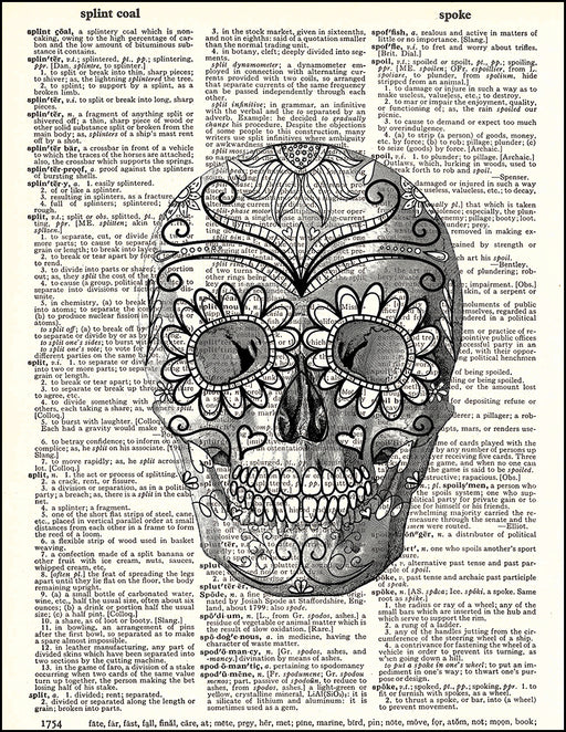 An image of a(n) Day Of The Dead Human Skull Dictionary Art Print.