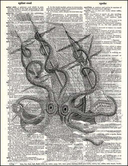 An image of a(n) Kraken Attacking a Ship Dictionary Art Print.