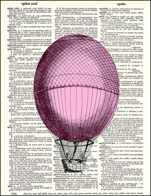 Vintage Retro Hot Air Balloon Dictionary Page Art Print - Original OOAK Collage