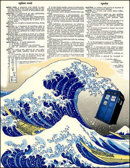 An image of a(n) Tardis with Great Wave Dictionary Art Print.