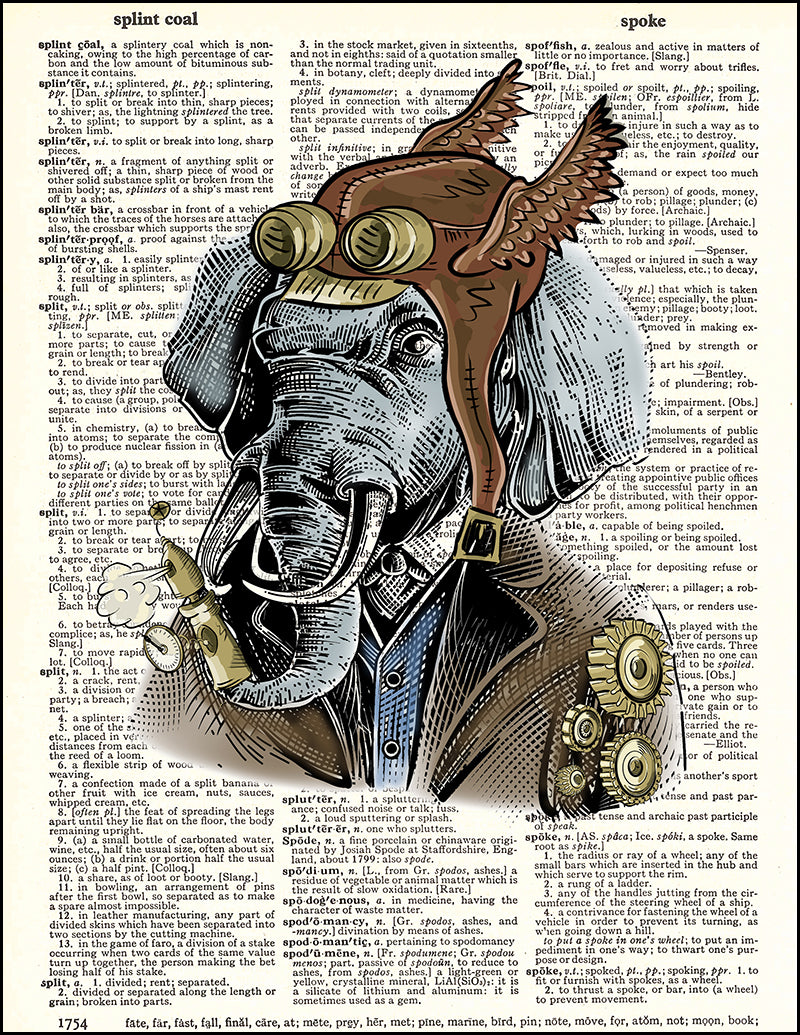 Steampunk Print, Dandy Hispter Animals Poster Art, Dictionary Book