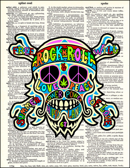 An image of a(n) Hippie Skull and Crossbones Dictionary Art Print.