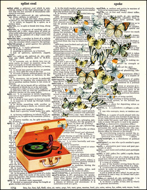 An image of a(n) Retro Record Player and Butterflies Dictionary Art Print.