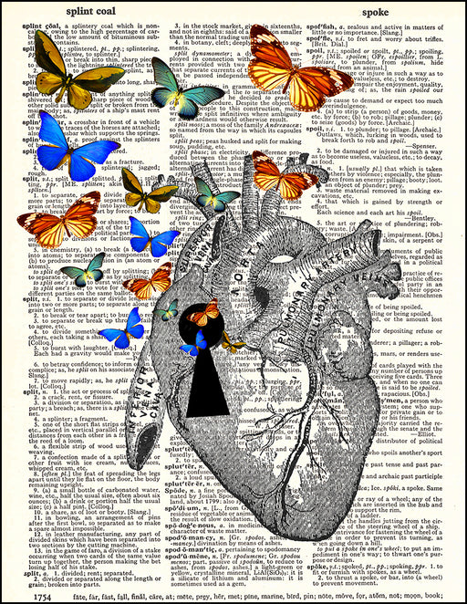An image of a(n) Heart Keyhole and Butterflies Dictionary Art Print.