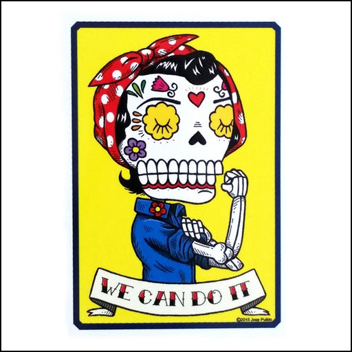 An image of a(n) Rosie The Riveter inspired  Day of the Dead sticker.