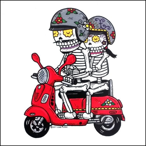An image of a(n) Scooter Couple inspired  Day of the Dead sticker.
