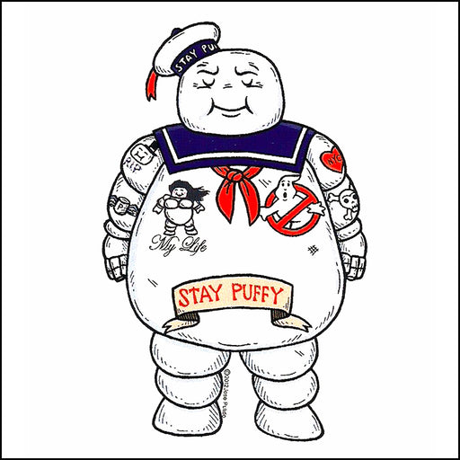 An image of a(n) Stay Puft Marshmallow Man inspired  Day of the Dead sticker.