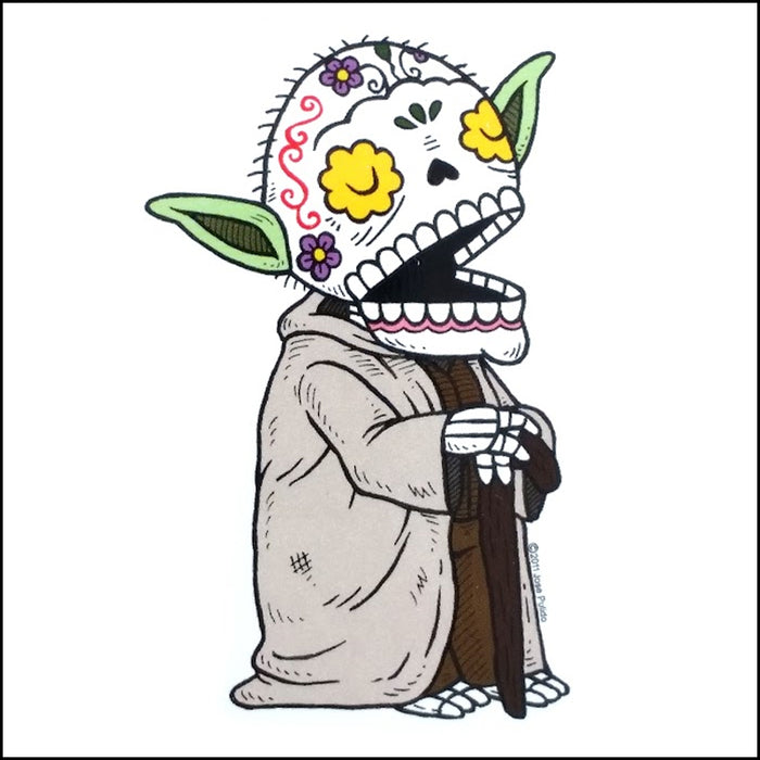 An image of a(n) Yoda inspired  Day of the Dead sticker.
