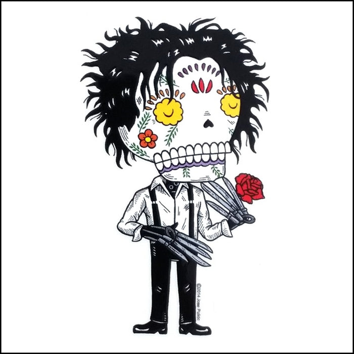 An image of a(n) Edward Scissorhands inspired  Day of the Dead sticker.