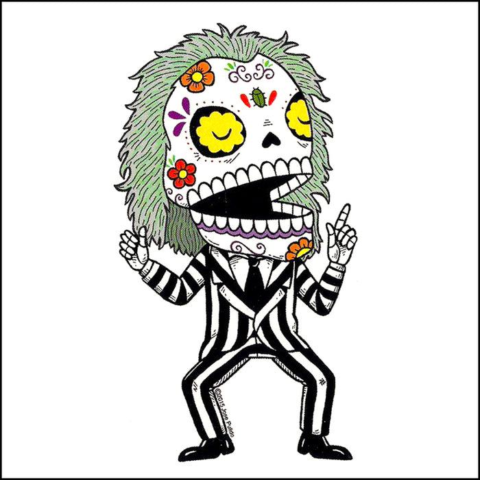 An image of a(n) Beetlejuice inspired  Day of the Dead sticker.