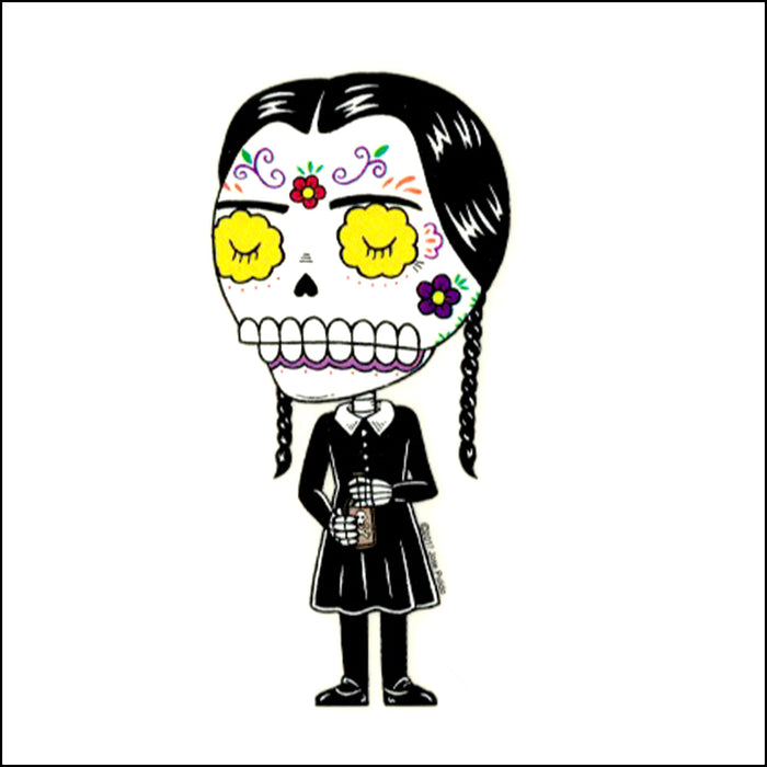 An image of a(n) Wednesday Adams inspired  Day of the Dead sticker.