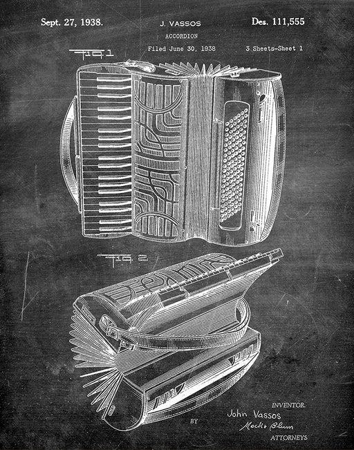 An image of a(n) Accordion 1938 - Patent Art Print - Chalkboard.