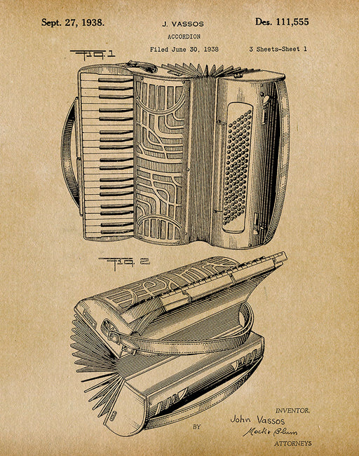An image of a(n) Accordion 1938 - Patent Art Print - Parchment.