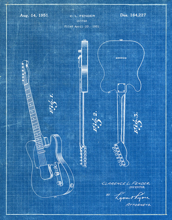 An image of a(n) Fender Guitar 1951 - Patent Art Print - Blueprint.