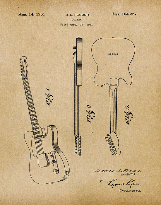 An image of a(n) Fender Guitar 1951 - Patent Art Print - Parchment.