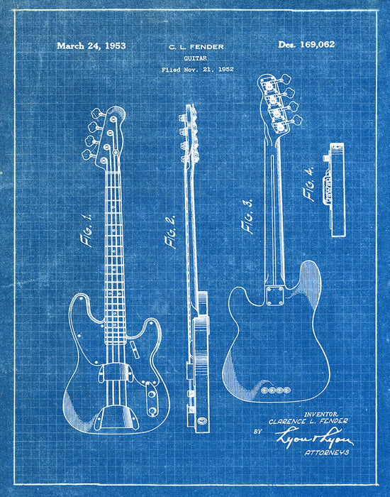 An image of a(n) Fender Guitar 1953 - Patent Art Print - Blueprint.