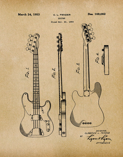 An image of a(n) Fender Guitar 1953 - Patent Art Print - Parchment.