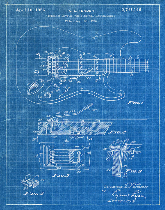 An image of a(n) Fender Guitar 1956 - Patent Art Print - Blueprint.