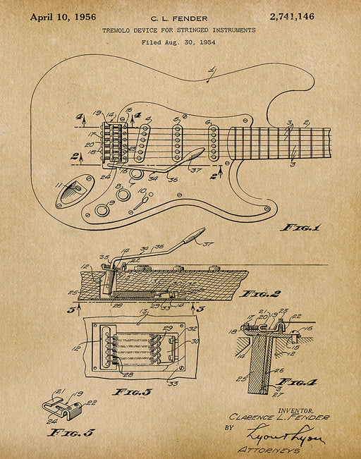 An image of a(n) Fender Guitar 1956 - Patent Art Print - Parchment.