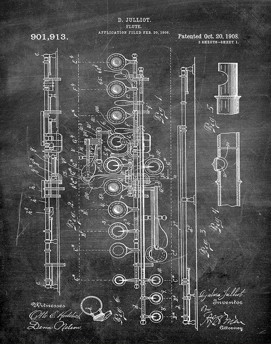 An image of a(n) Flute 1908 - Patent Art Print - Chalkboard.