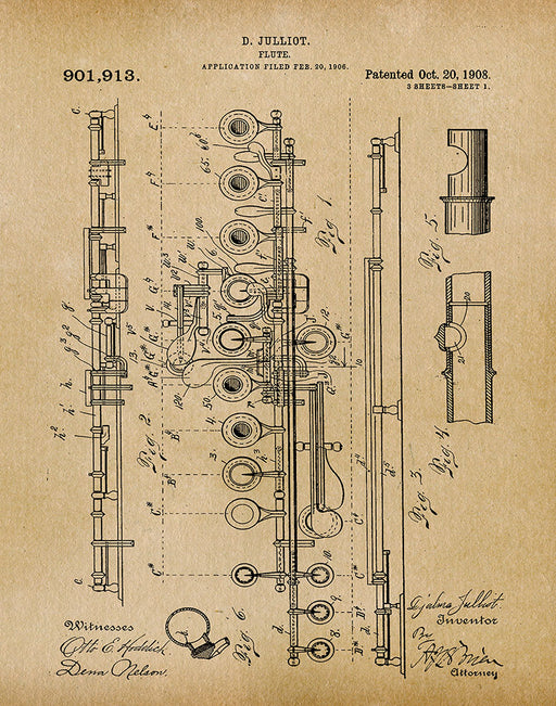 An image of a(n) Flute 1908 - Patent Art Print - Parchment.