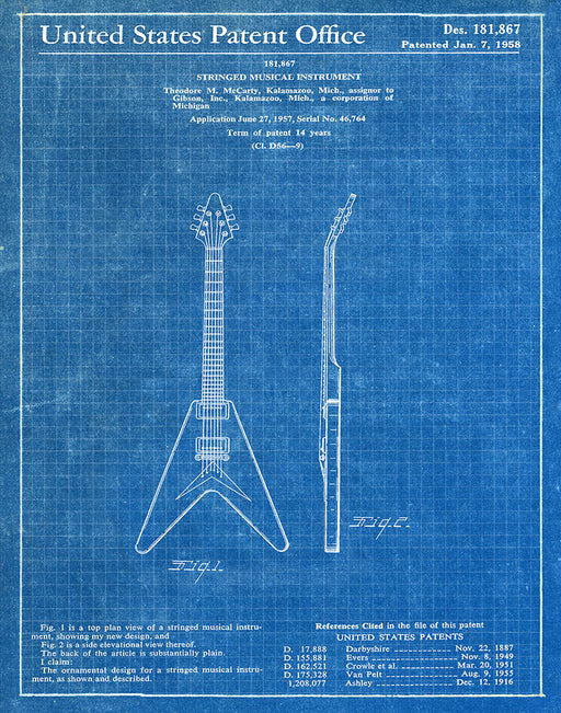 An image of a(n) Gibson Guitar 1958 - Patent Art Print - Blueprint.