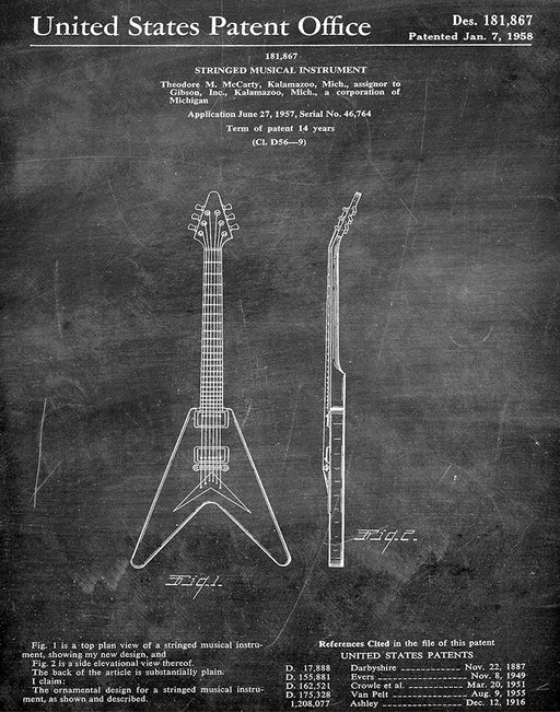 An image of a(n) Gibson Guitar 1958 - Patent Art Print - Chalkboard.