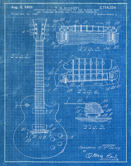 An image of a(n) Gibson Guitar 1955 - Patent Art Print - Blueprint.
