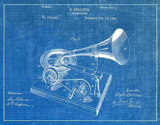 An image of a(n) Gramophone 1895 - Patent Art Print - Blueprint.