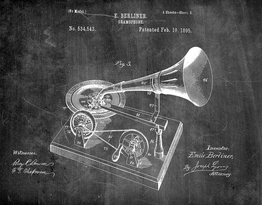 An image of a(n) Gramophone 1895 - Patent Art Print - Chalkboard.