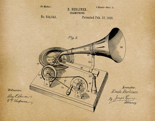 An image of a(n) Gramophone 1895 - Patent Art Print - Parchment.