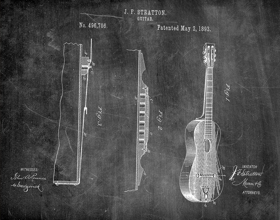An image of a(n) Stratton Guitar 1893 - Patent Art Print - Chalkboard.