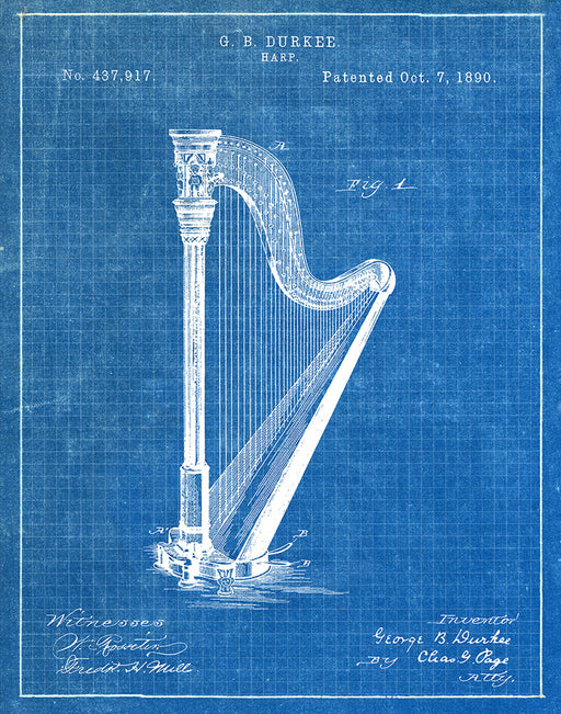An image of a(n) Harp 1890 - Patent Art Print - Blueprint.