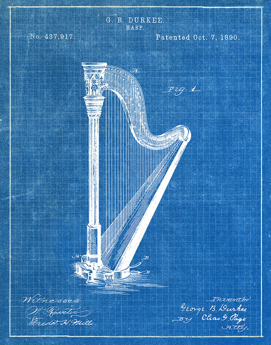An image of a(n) Harp 1890 - Patent Art Print - Blueprint.