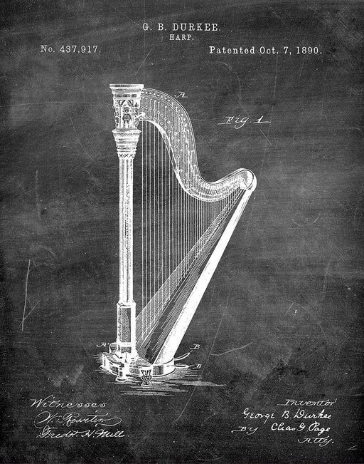 An image of a(n) Harp 1890 - Patent Art Print - Chalkboard.
