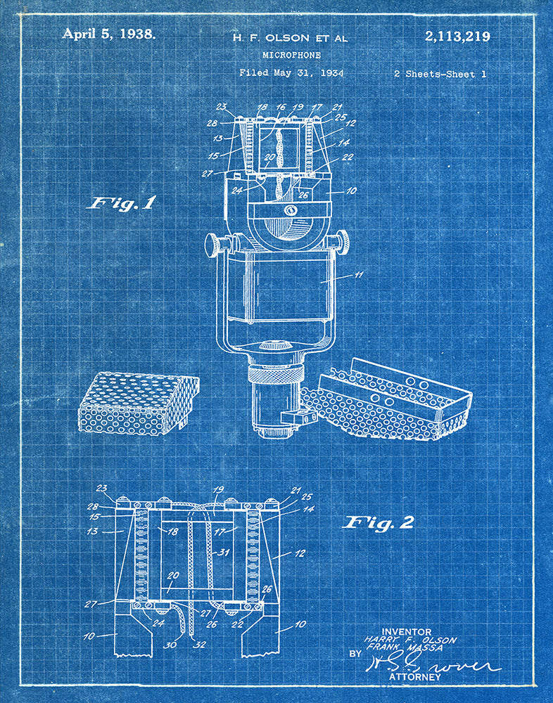 Microphone 1938 - Patent Art Print - Blueprint — Fresh Prints of CT