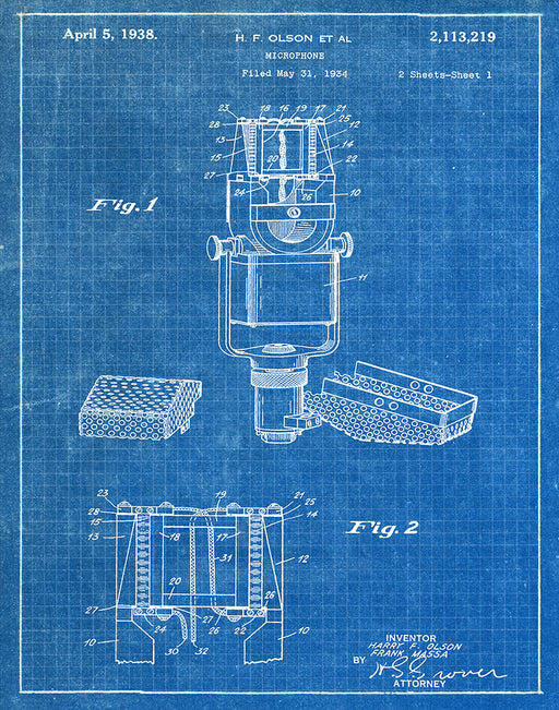 An image of a(n) Microphone 1938 - Patent Art Print - Blueprint.
